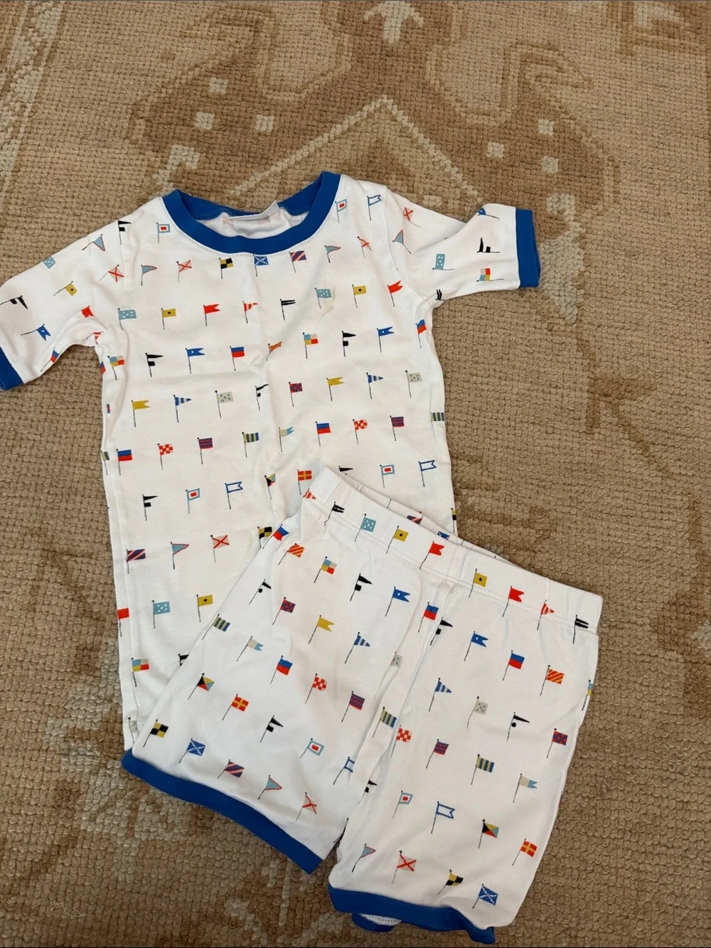 Unbranded White Kids Pajama Set with Colorful Flag Print and Blue Trim LAKE